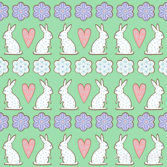 复活节的花纹, 卡-小兔子, 鲜花, 薄荷绿色背景上的心