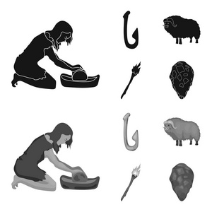 牛, 捉, 钩, 钓鱼。石器时代集图标为黑色, 单色式矢量符号股票插画网