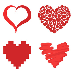 不同风格红色心矢量图标孤立的爱情人节一天符号和美丽的浪漫设计婚礼庆祝光明情感激情标志图