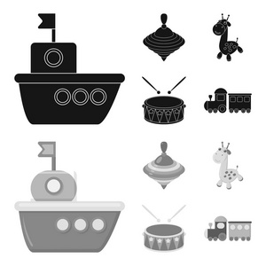 船, 圣诞, 长颈鹿, 鼓。玩具集合图标黑色, 单色风格矢量符号股票插画网站
