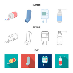 药片, 吸入器, 带血的容器, 喷雾。医学集合图标在卡通, 轮廓, 平面风格矢量符号股票插画网站