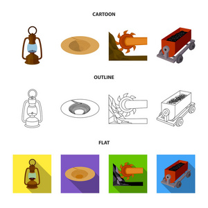 一个矿工灯, 一个漏斗, 一个采矿组合, 一台带矿石的手推车。采矿业集合图标在卡通, 轮廓, 平面风格矢量符号股票插图