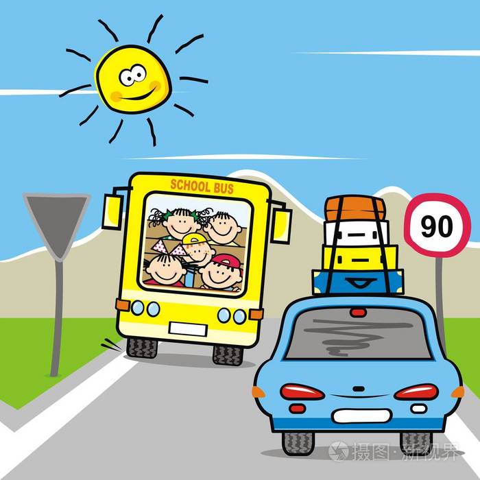 公共汽车和汽车与快乐的孩子在路上, 有趣的插图, 矢量图标