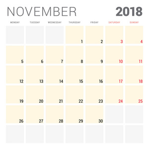 2018 日历策划人矢量设计模板。11 月。周从星期一开始。文具设计