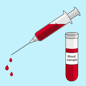 带血滴针的医用注射器和血液标本试管简单扁平式图标医学检验注射孤立向量图解的概念
