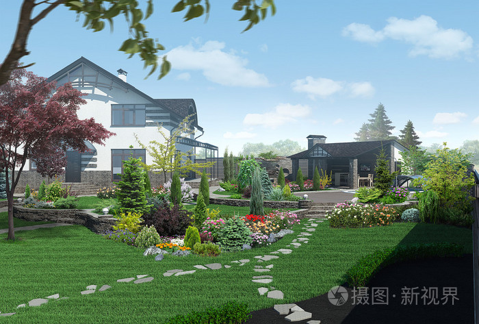 园林绿化花园全景,3d 渲染