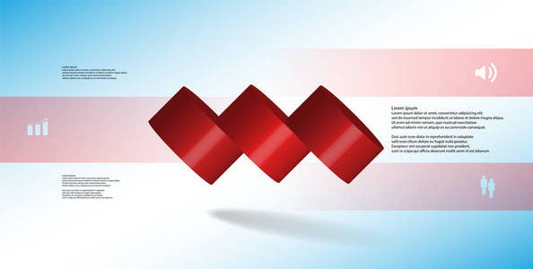 3d 插图图表模板的水平切片的主题, 三红色的部分溢出。简单的符号和文本是在彩色横幅。背景为浅蓝色
