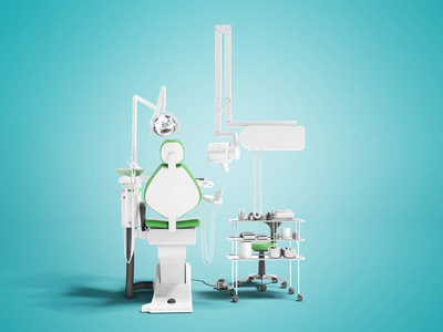 现代绿椅牙科办公用牙科工具3d 渲染蓝色背景与阴影