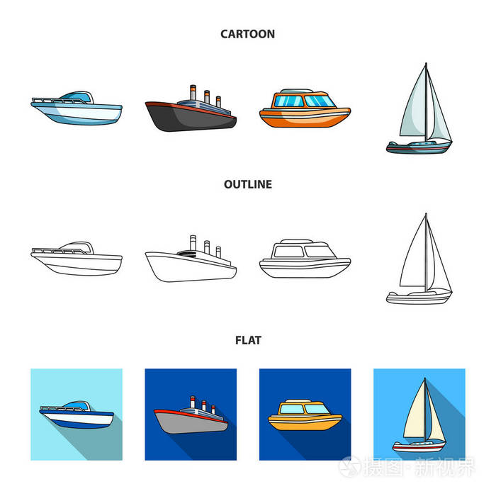 保护艇, 救生艇, 货物蒸笼, 运动游艇。船舶和水运集合图标在卡通, 轮廓, 平面风格矢量符号股票插画网站