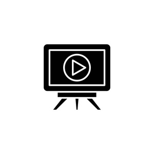 电视集黑色图标概念。电视机平面矢量符号符号插图