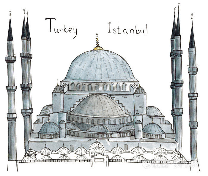 土耳其伊斯坦布尔蓝色mosquesultanahmetmosque与刻字孤立在白色水彩