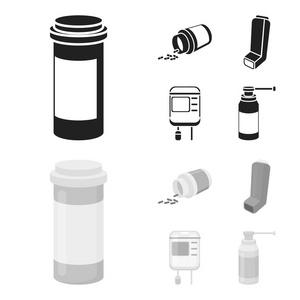 药片, 吸入器, 带血的容器, 喷雾。医学集合图标黑色, monochrom 风格矢量符号股票插画网站