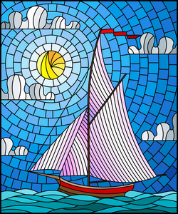 插图在彩色玻璃风格与船舶航行白色帆对海, 太阳和天空, 海景