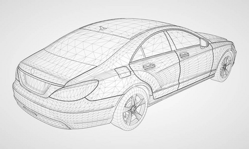 这个模型运动一辆高档轿车。灰色背景下黑色多边形三角形网格形式的矢量图解