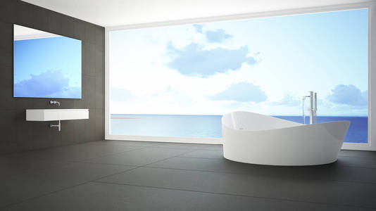 极简主义白色和灰色浴室大全景窗口，苏