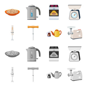 厨房设备卡通, 单色图标在集合中进行设计。厨房和配件矢量符号股票 web 插图