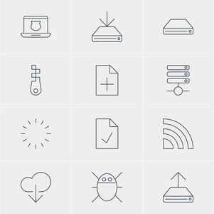 矢量图的 12 Web 图标。可编辑包安全笔记本电脑 信息负荷，选中的笔记和其他元素