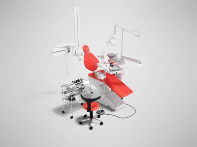 现代红色牙科椅和床头表与工具和用具的牙科透视3d 渲染灰色背景与阴影