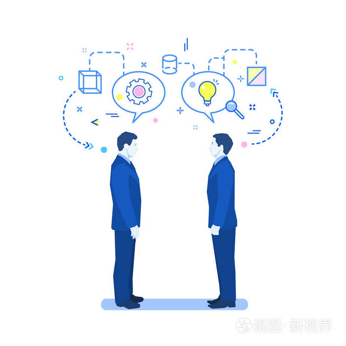 两个人交谈, 讨论和交换想法.平面设计, 矢量图解
