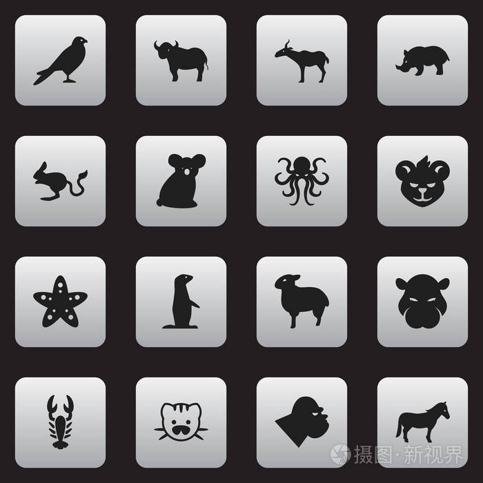 16 可编辑性质图标集.包括羊, 河马, 澳大利亚熊等符号.