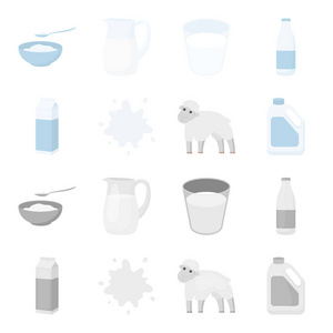 小方包, 绵羊. 蓝色, 毒气罐Moloko 集合图标在卡通, 单色风格矢量符号股票插画网站