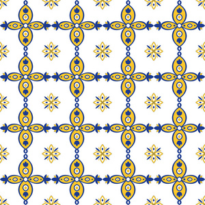 东方模式无缝蓝色 黄色和白色。摩洛哥 土耳其语 Azulejo 葡萄牙瓷砖或西班牙饰品