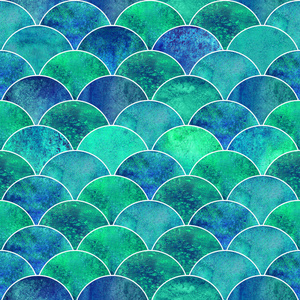 美人鱼鳞片洋波日本无缝图案。水彩手画明亮的蓝色蓝绿色的纹理背景。水彩几何鳞片形元素。印花纺织品, 墙纸, 包装