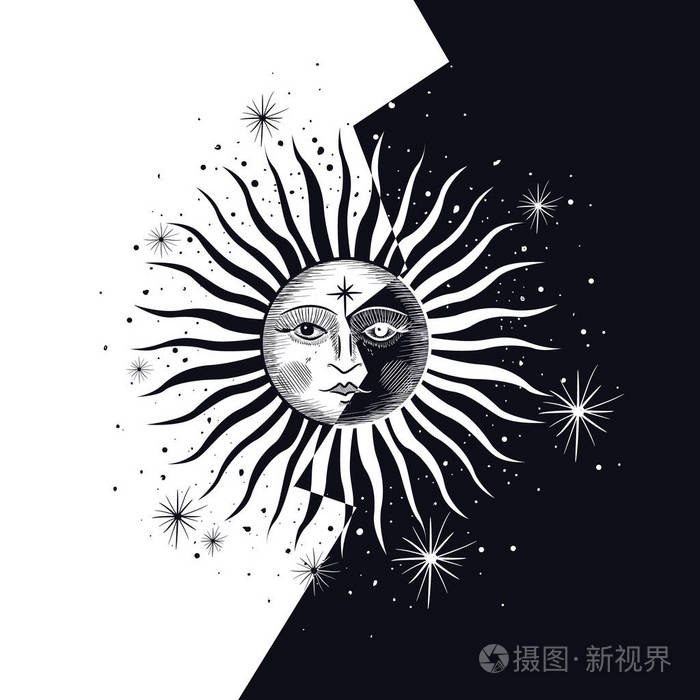 面对太阳和月亮, 星星, 共济会纹身, 设计 t恤衫, 炼金术, akultism