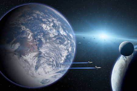 蓝色行星地球。航天飞机起飞的任务。Nasa 提供的这个图像的元素