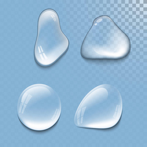 透明水滴集矢量插图湿灯抽象宏新气泡加湿器图标集, 平面样式湿透图标