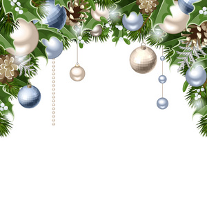圣诞节背景与蓝色和银色的球 锥 冷杉的枝条，冬青和槲寄生。矢量 eps10