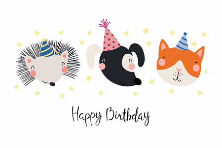 手绘斯堪的纳维亚风格的生日贺卡与可爱的滑稽狗, 猫, 刺猬在党的帽子, 引述生日快乐, 矢量, 插图, 儿童的概念打印