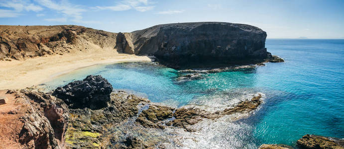 美丽的风景, 著名的帕帕加约海滩在兰萨罗特岛, 金丝雀, 西班牙。旅游目的地。自然背景