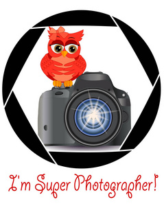美丽的卡通红猫头鹰坐在按钮开始相机在镜头的光圈帧。概念摄影, 职业, 照片业务。题字我是一个超级摄影师
