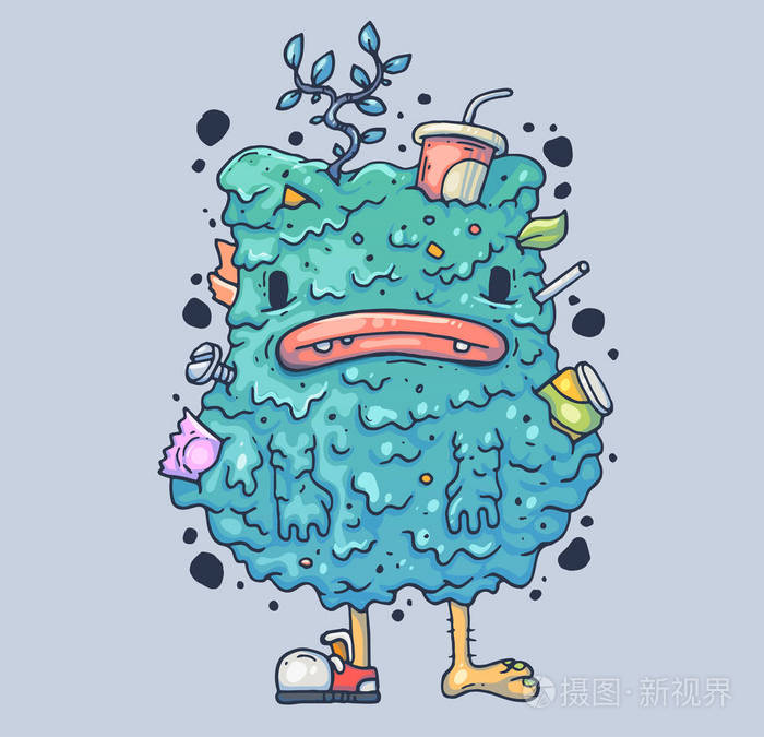 笨拙的垃圾怪兽.奇怪的生物在泥里.印刷和网络卡通插图.