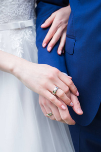 手的已婚夫妇与金色的结婚戒指