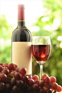 红酒杯配葡萄瓶绿园背景图片