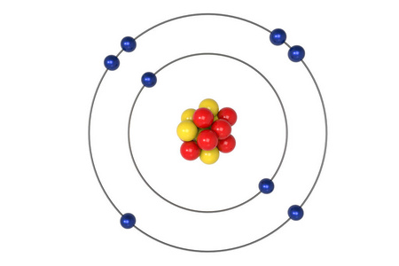 质子中子和电子的氧原子玻尔模型。3d 插图