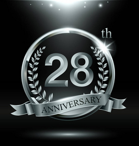 28年银色周年纪念庆祝标志与圆环和丝带, 月桂树花圈设计