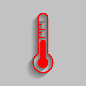 Meteo 诊断技术温度计标。矢量。与软阴影在灰色的背景上的红色图标