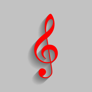 音乐小提琴谱号标记。G谱号。高音谱号。矢量。与软阴影在灰色的背景上的红色图标