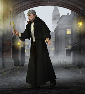 吸烟管著名英国侦探福尔摩斯调查犯罪在第十九世纪伦敦, 英国街道.