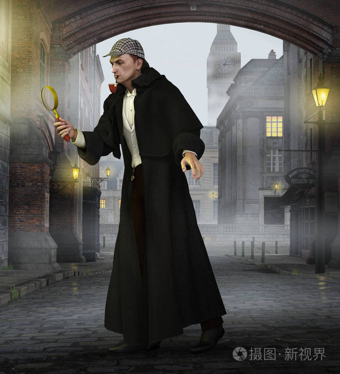 著名英国侦探福尔摩斯调查犯罪在第十九世纪伦敦, 英国街道.