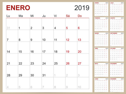 西班牙计划日历 2019, 西班牙日历模板为2019年, 设置12月, 星期开始在星期一, 可打印日历模板向量例证