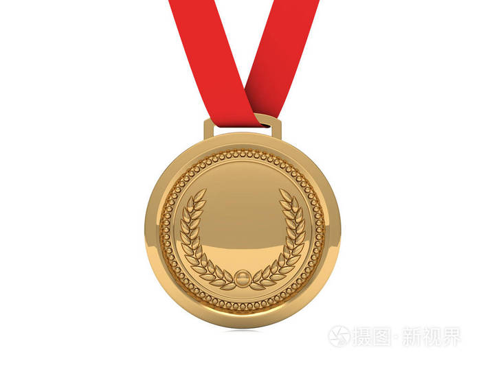 第一名金牌与孤立在白色背景上的红丝带