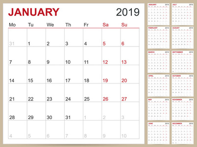 英文规划日历 2019, 英文日历模板2019年, 集12月, 周始于星期一, 可打印日历模板矢量插图