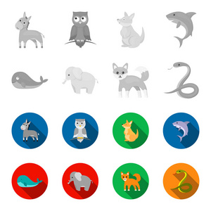 鲸鱼, 大象, 蛇, 狐狸。动物集合图标单色, 平面式矢量符号股票插画网站