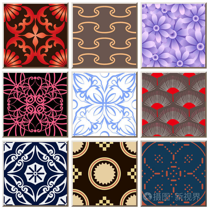 东方仿古复古瓷砖花纹组合集, 复古内饰装饰