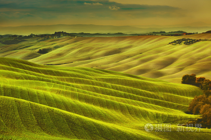 托斯卡纳春天,连绵起伏的丘陵上缥缈的日落.乡村景观