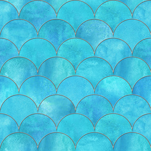 美人鱼鱼鳞波浪日本豪华无缝图案.水彩手画的光蓝蓝色背景与黄金线.